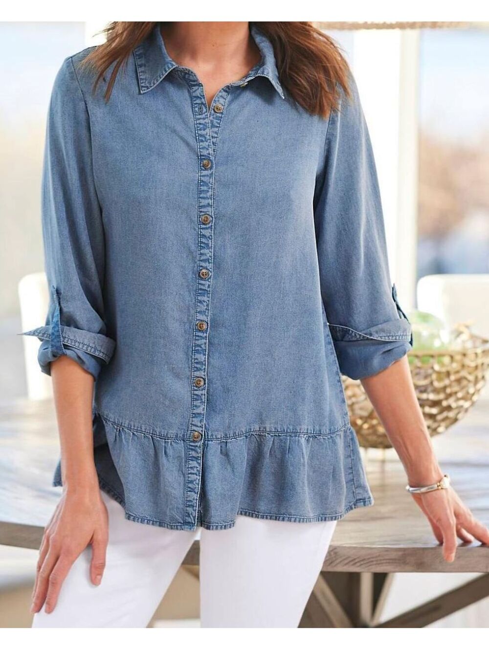 NorthStyle Women's XL Blue Denim Look Button-Up Flounce-Hem Shirt
